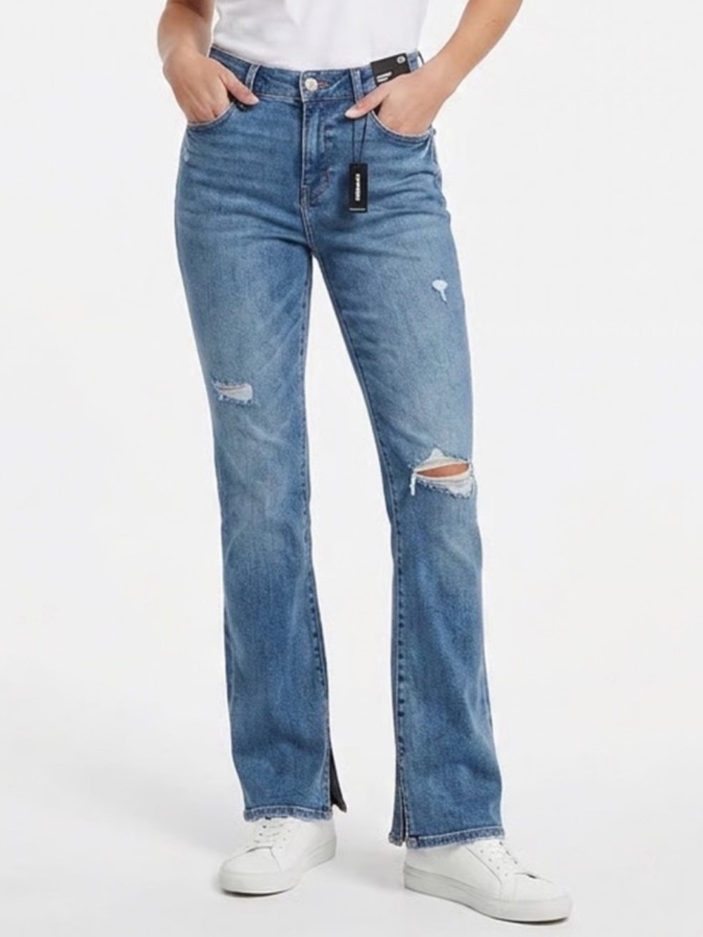 Express Skyscraper Mid Rise Distressed Flare Jeans